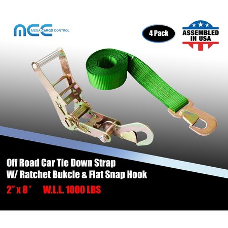 TIE 4 SAFE 2" x 8' Off-Road Ratchet Tie Down Strap w/Snap Hook Auto Hauler Tow Truck Green, 4PK RT47-8-GR-C-4